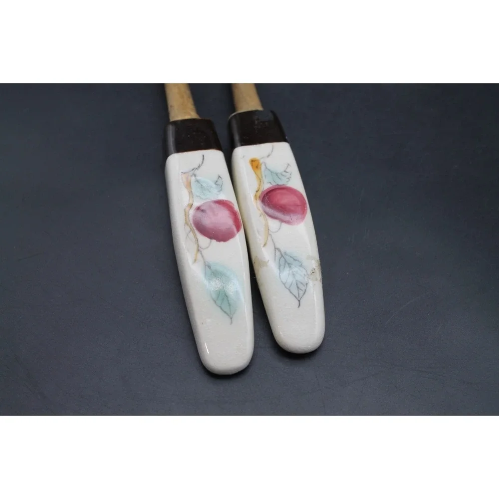 Vintage Wooden Salad Serving Set Ceramic Handles Fruit Motif Spoon Fork 11.5